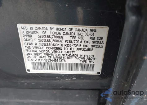 2004 Honda Pilot Ex-L из США, поврежденный, VIN 2HKYF18524H564278